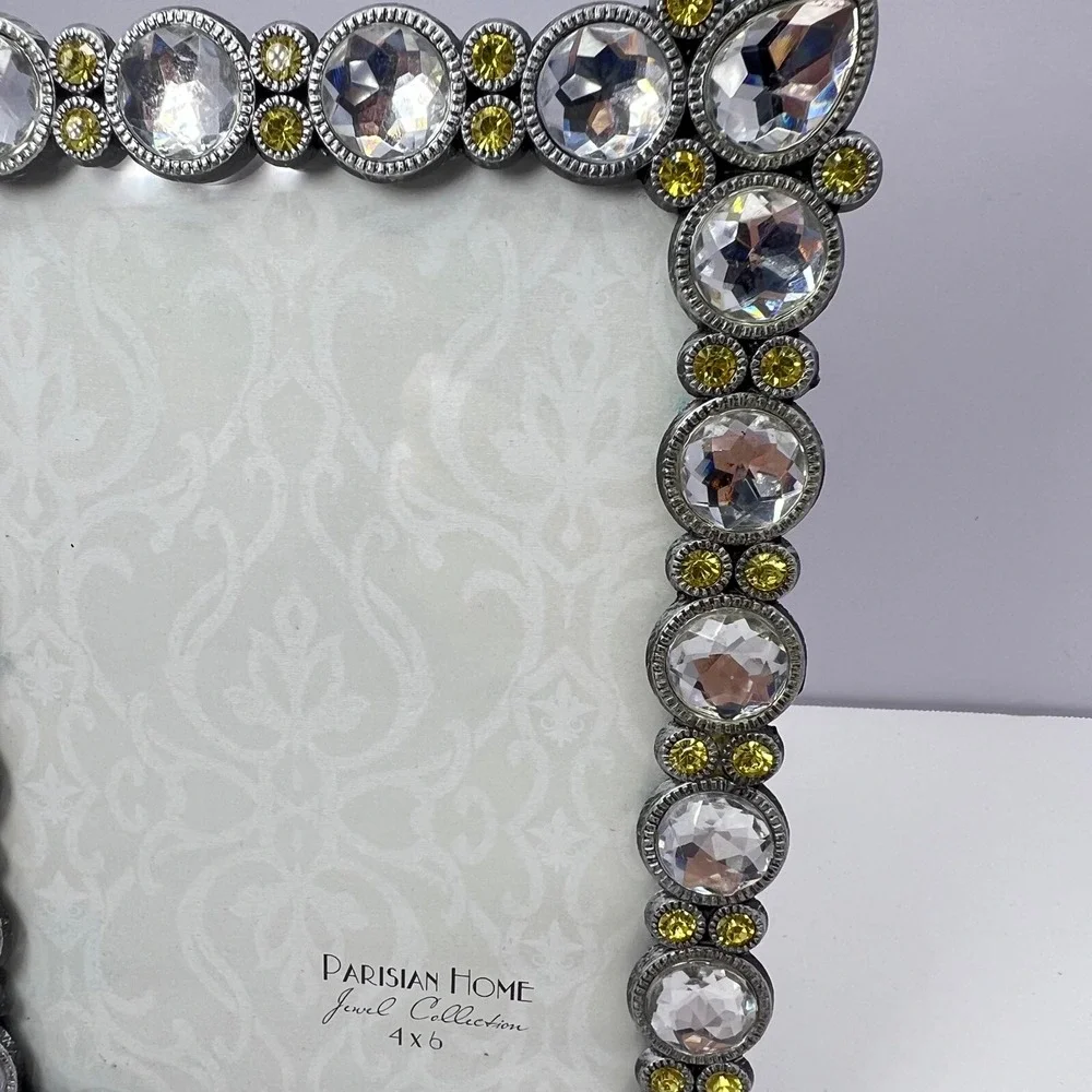Bejeweled Rhinestone 4x6 Picture Frame Clear and Yellow Glam Hollywood Regency